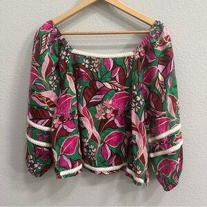100% Linen Cynthia Rowley Pink and Green Floral Blouse size Large
